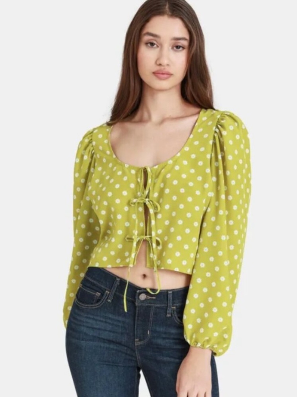 Levi's “Embry Daisy” Lime Green Polka Dot Tie-Front Crop Blouse Size Medium